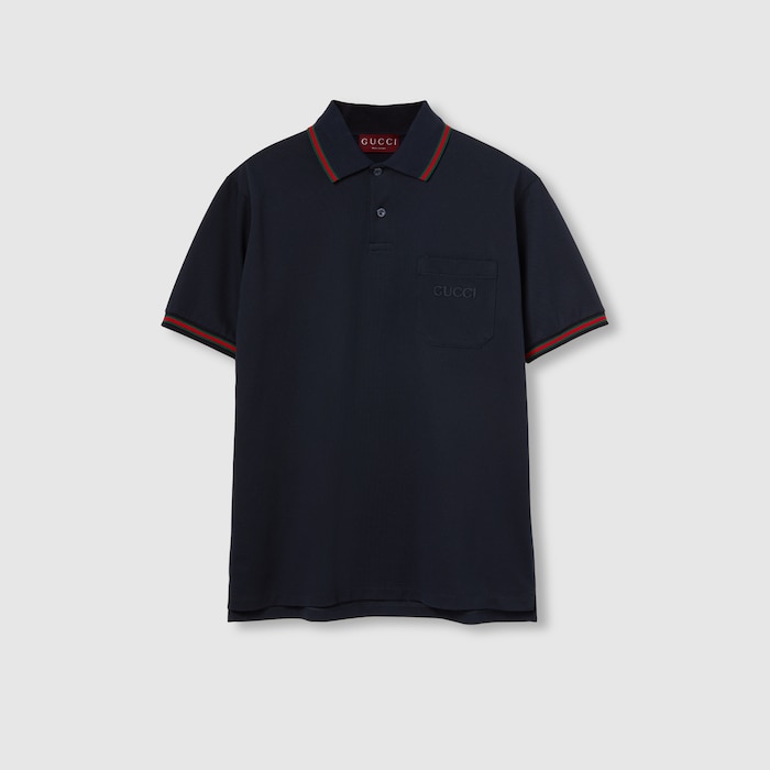 Embroidered stretch cotton polo shirt in dark blue | GUCCI® BE
