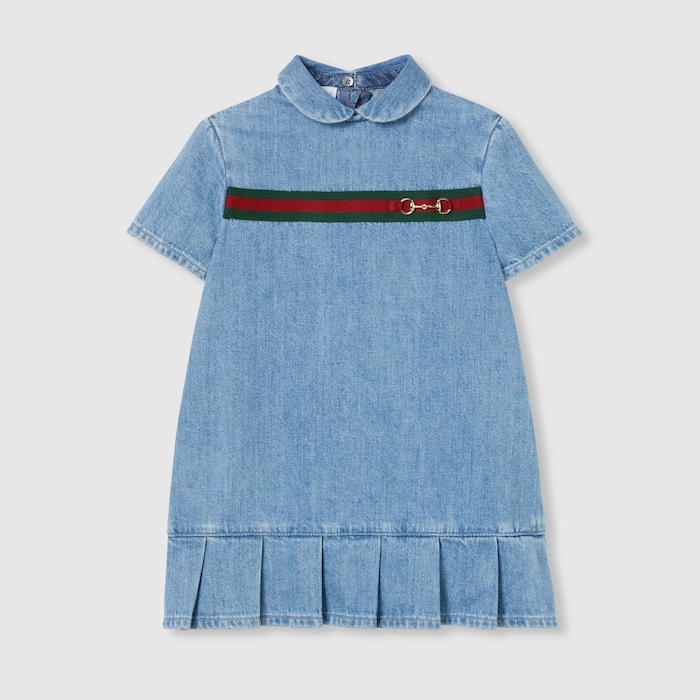 Children's denim dress with Web in light blue | GUCCI US