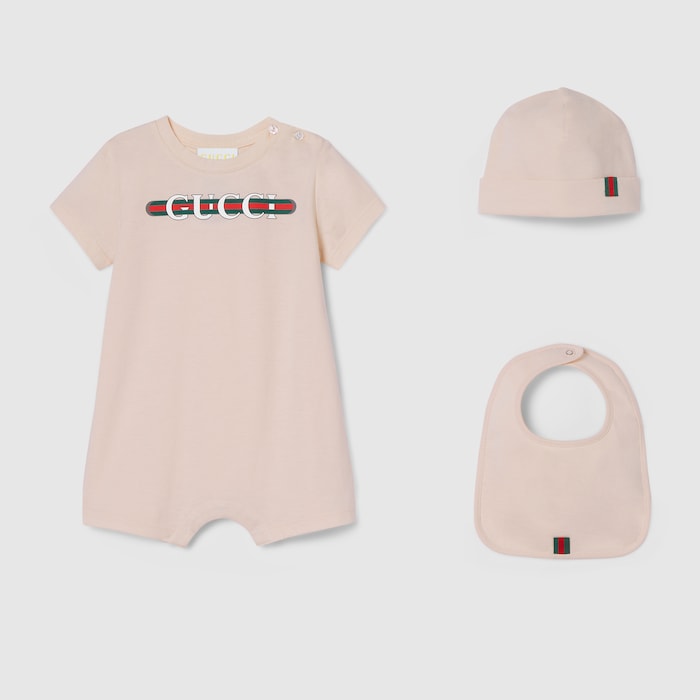 Baby printed cotton three-piece gift set in light pink | GUCCI® US