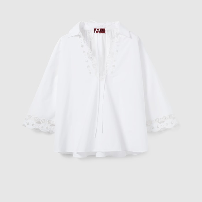 ワンピース GUCCI WHITE POPLIN SHIRT DRESS Cotton poplin shirt dress with embroidery in white | GUCCI® US