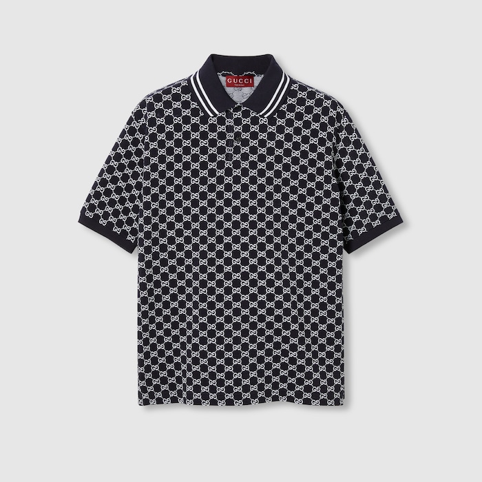 GG cotton piquet jacquard polo shirt in navy and white | GUCCI® US