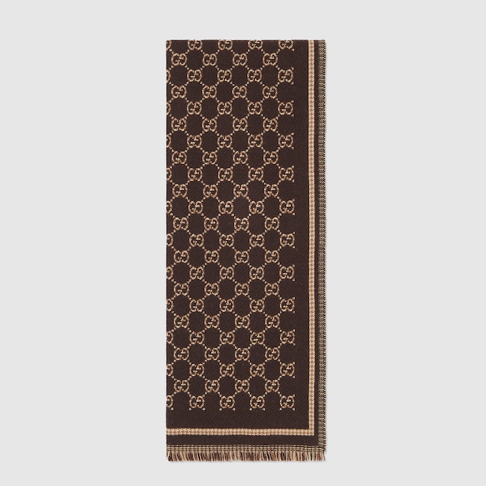 GG wool jacquard scarf in dark brown and beige | GUCCI® US