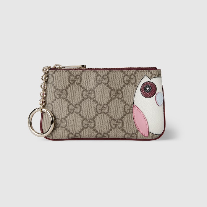 GG key case with owl detail in beige and dark brown fabric