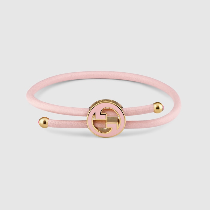 Bracelet with enamel Round Interlocking G in light pink leather