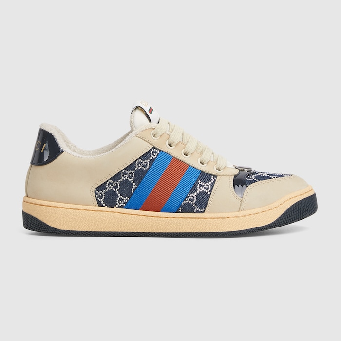 Women's GG crystal Screener sneaker in beige and dark blue GG