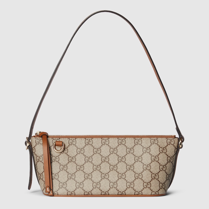 GUCCI バッグ GG Emblem small shoulder bag in beige and dark brown fabric