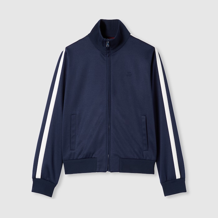Technical jersey zip jacket with embroidery in dark blue