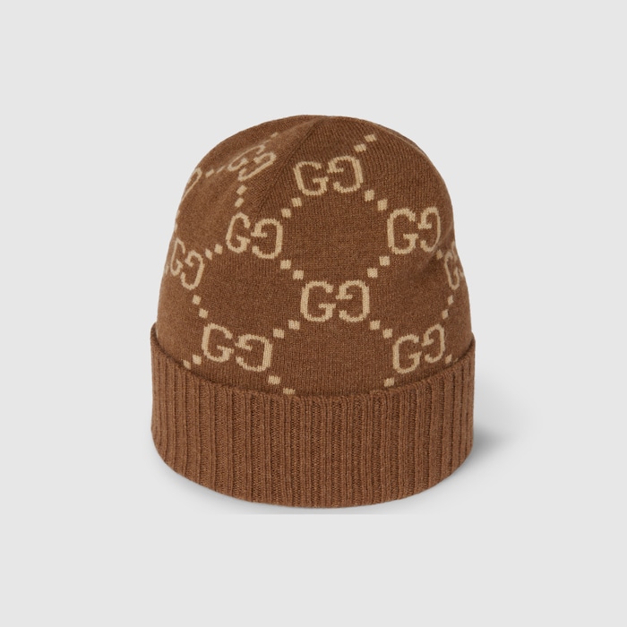 GG cashmere jacquard hat in dark brown and beige | GUCCI® US
