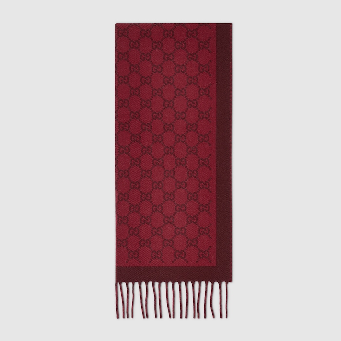 GUCCI GGパターン スカーフ レッド Knitted Scarf Gucci Red Scarf Graphite GG Jacquard Pattern Knitted