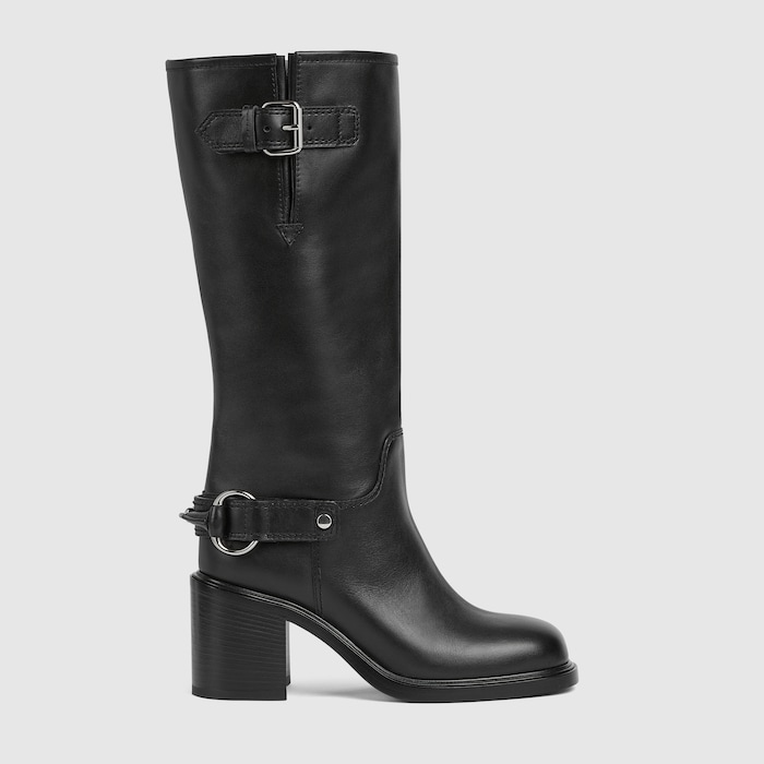 Women's mid-heel boot in black leather | GUCCI® US