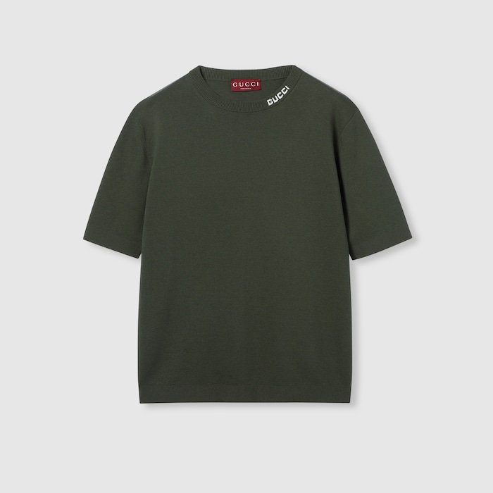 Silk cotton knit T-shirt with intarsia in forest green