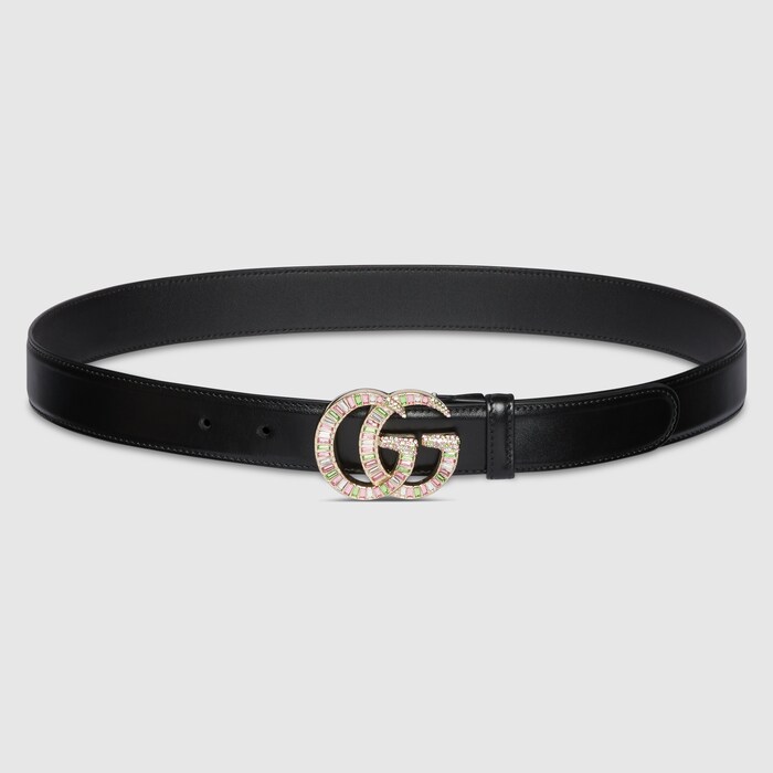 GUCCI  ベルト GG Marmont belt with crystal buckle in black leather | GUCCI® US