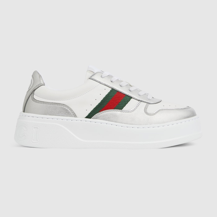 Women's chunky sneaker in silver metallic leather | GUCCI® US