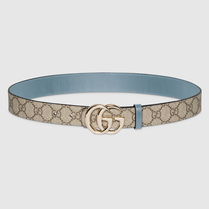 GUCCI グッチ リングベルト　ベージュと水色のストライプ Reversible GG Marmont belt in beige GG Supreme and light blue