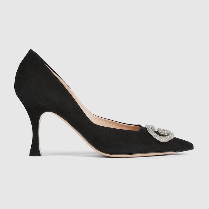 Women's pump with crystal Interlocking G in black suede | GUCCI® US