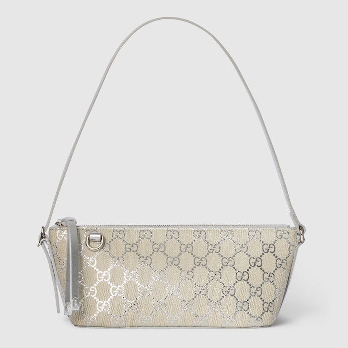 GG Emblem small shoulder bag in silver GG fabric | GUCCI® US