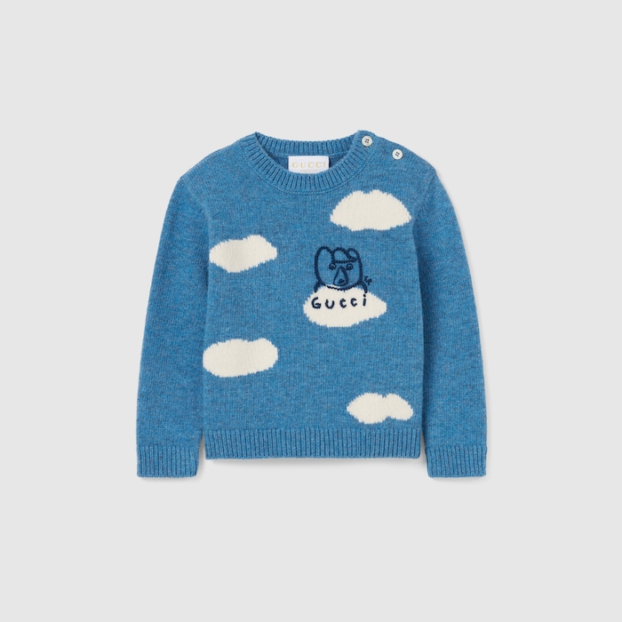 Baby wool sweater with embroidery in light blue and white | GUCCI® US