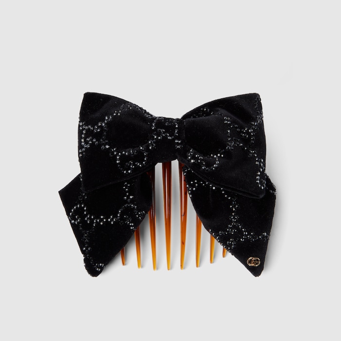 Soft velvet hair slide with crystals in black | GUCCI® US display picture 1