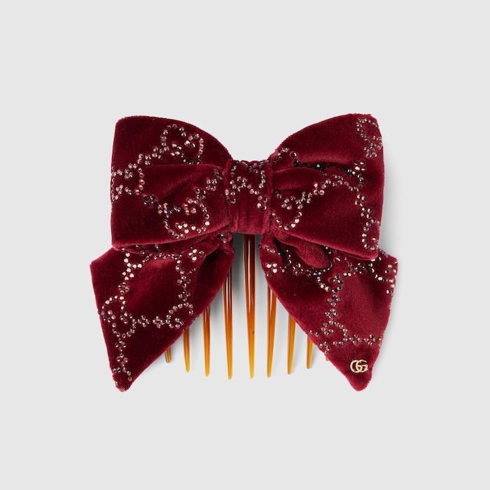 Soft velvet hair slide with crystals in bordeaux | GUCCI® US