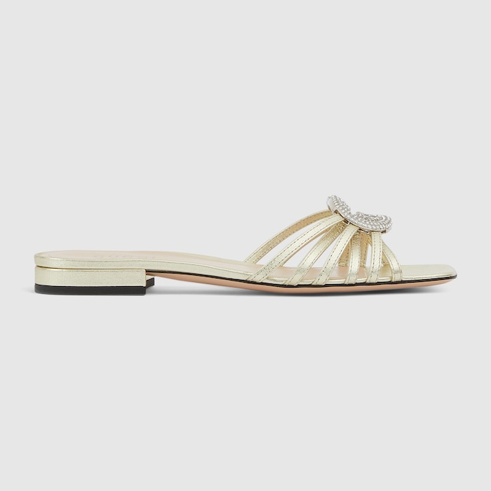 Women's slide with crystal Interlocking G in silver metallic