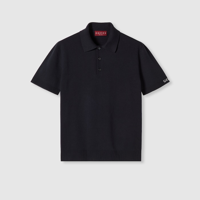 Silk cotton knit polo shirt in navy | GUCCI® US