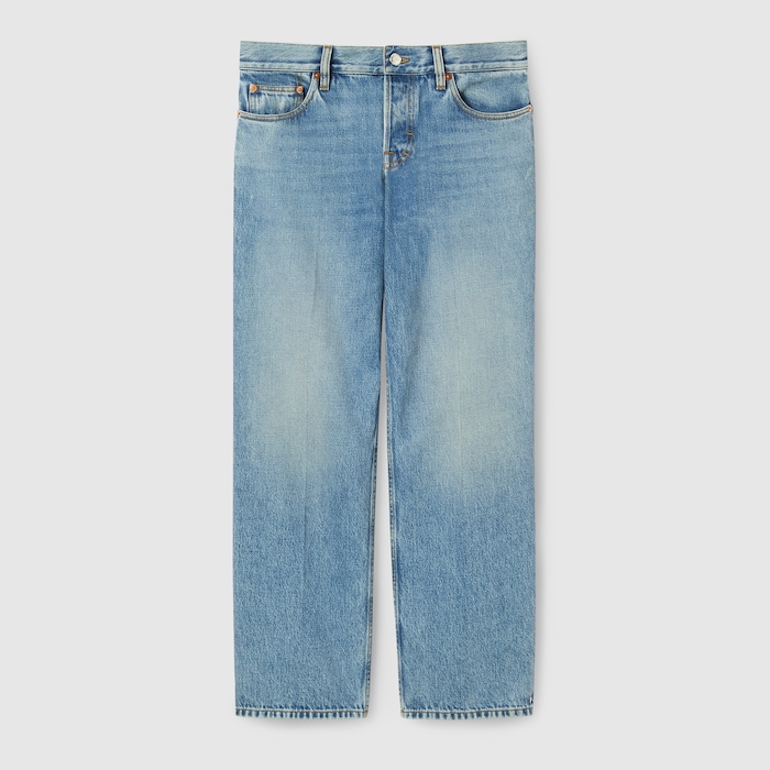 Straight fit denim pants in light blue | GUCCI® US