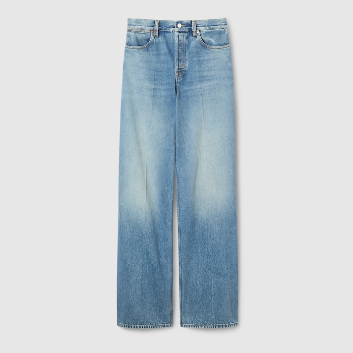 Wide leg denim pants in light blue | GUCCI® US