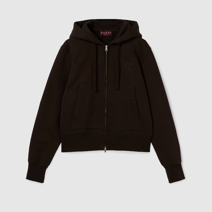 Brushed cotton jersey zip sweatshirt in dark brown | GUCCI® US