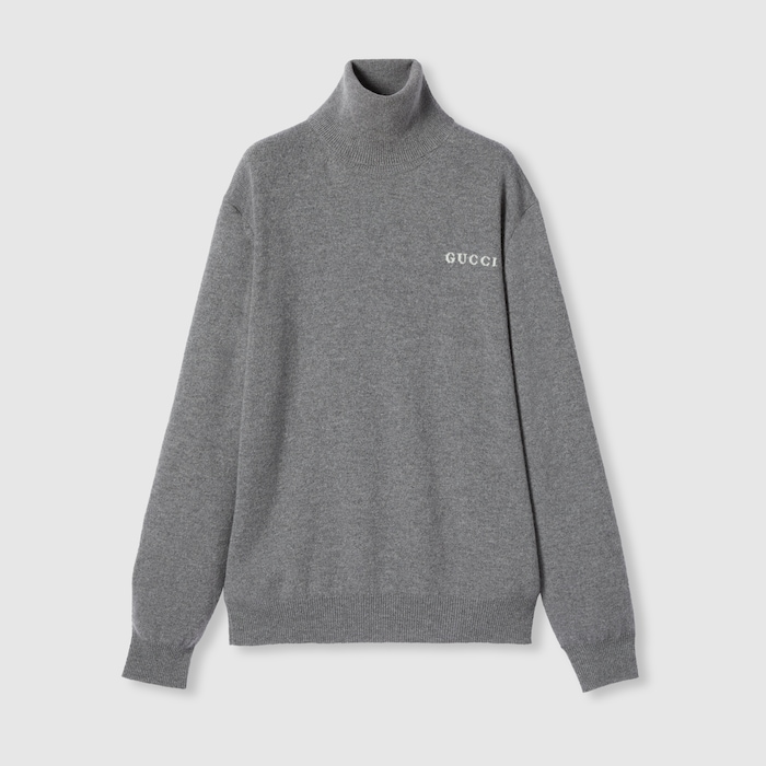 Cashmere turtleneck with intarsia in grey and white | GUCCI® US