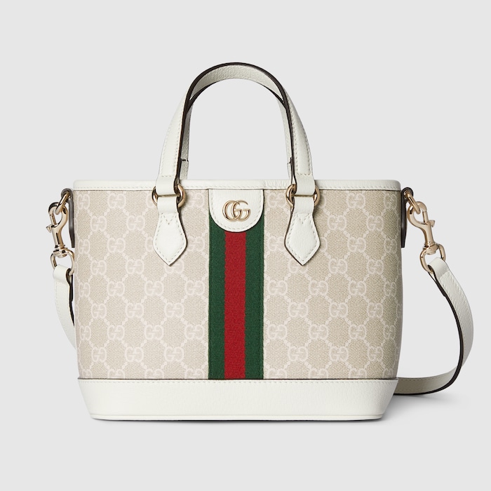 Ophidia small tote bag in beige and white GG fabric | GUCCI® SG