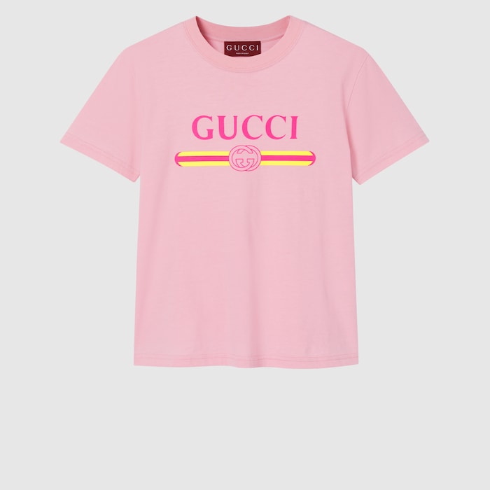 GUCCI ピンク Tシャツ ロゴプリント10歳新品 GUCCI グッチ 493117-X3N87 ロゴ プリント ダメージ Tシャツ