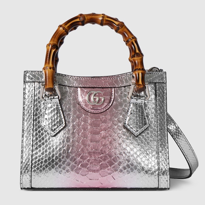 Gucci Diana python small tote bag in metallic silver and pink