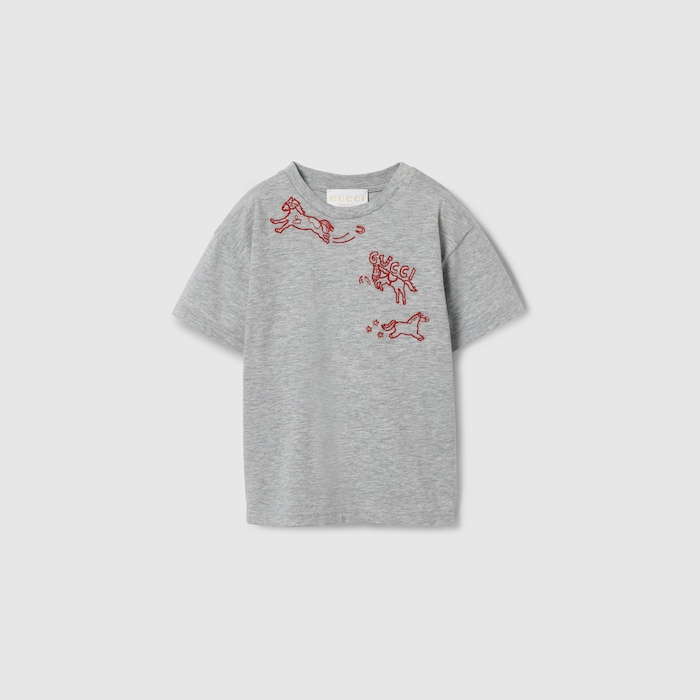 Baby cotton T-shirt with embroidery in light grey | GUCCI® US