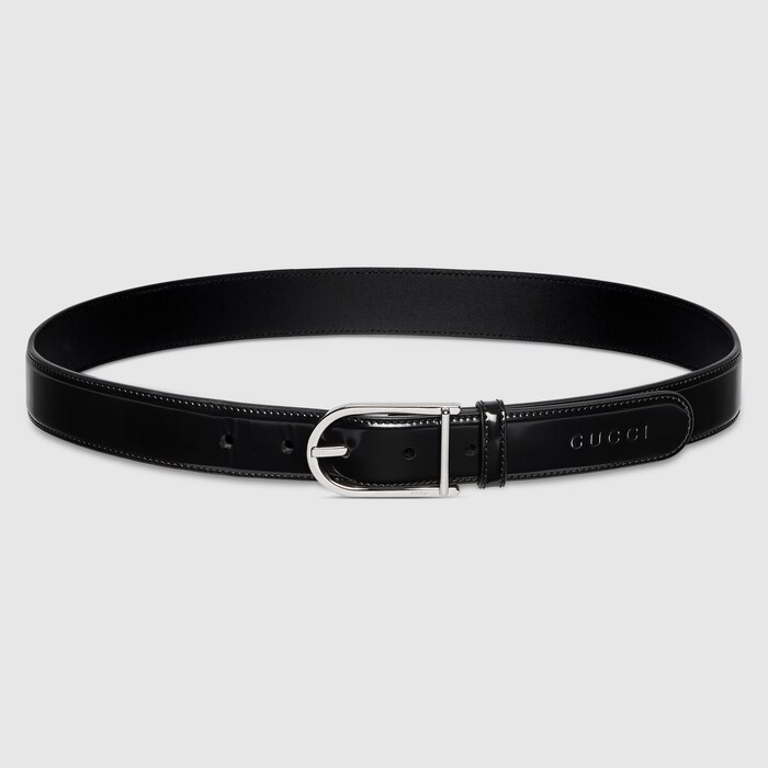 Belt with rounded buckle in black leather | GUCCI® US display picture 1