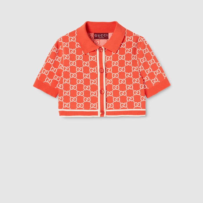 GG cotton jacquard cropped cardigan in orange and ivory | GUCCI® SI