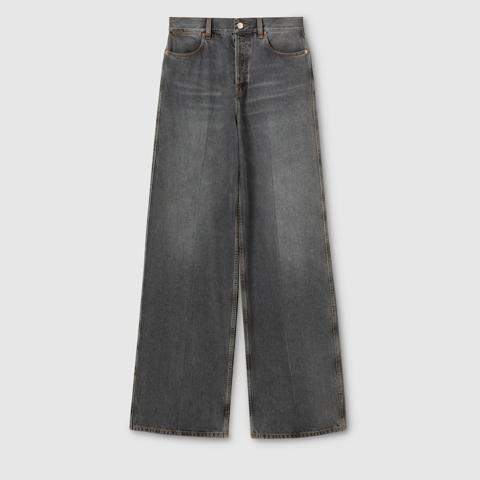 Wide leg denim pants in dark grey | GUCCI® US
