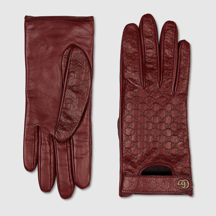 GG leather gloves with Double G in bordeaux | GUCCI® CA