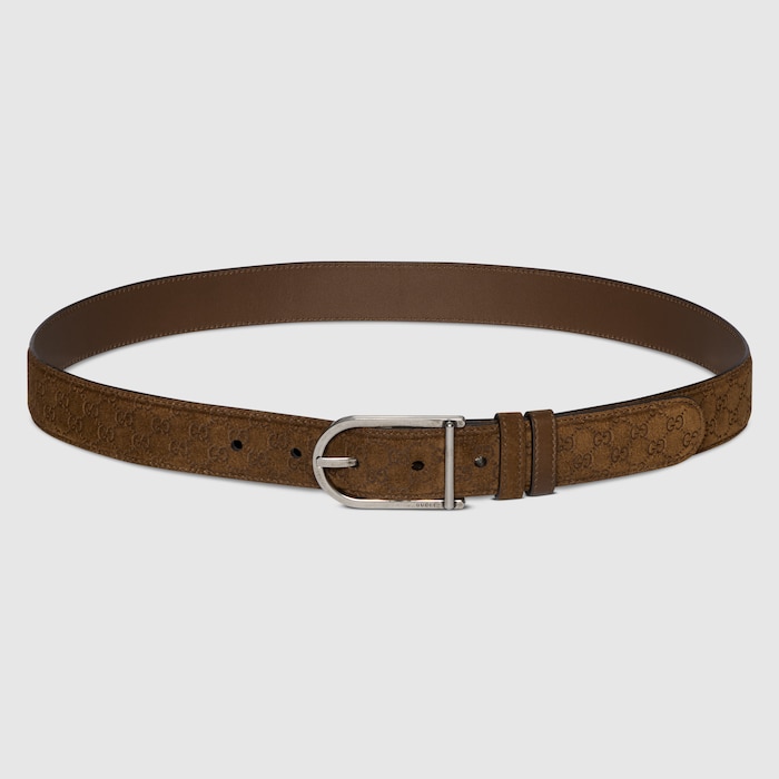 Reversible belt with rounded buckle in brown GG suede and leather