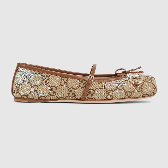 Women's GG crystal Gucci Horsebit ballet flat in beige and dark