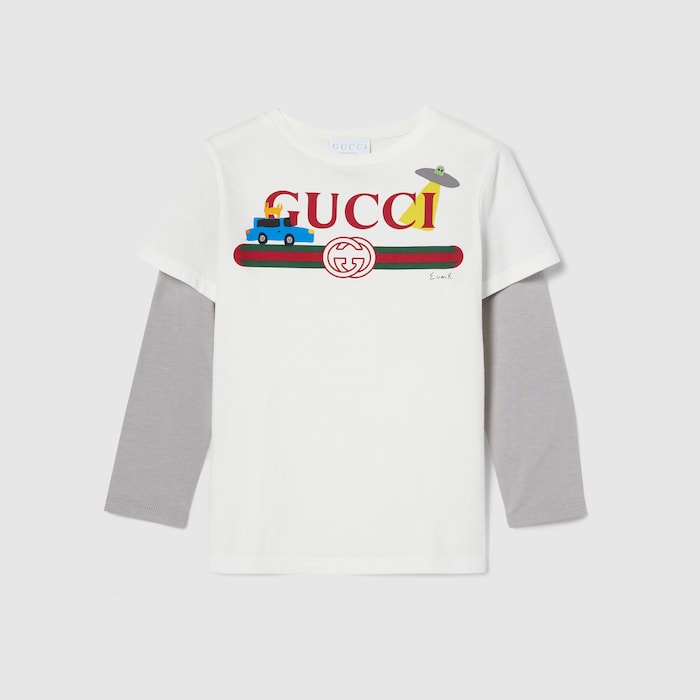 Children's cotton T-shirt with print in white and light grey