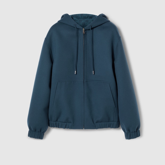 Reversible double wool zip jacket in blue | GUCCI® SI