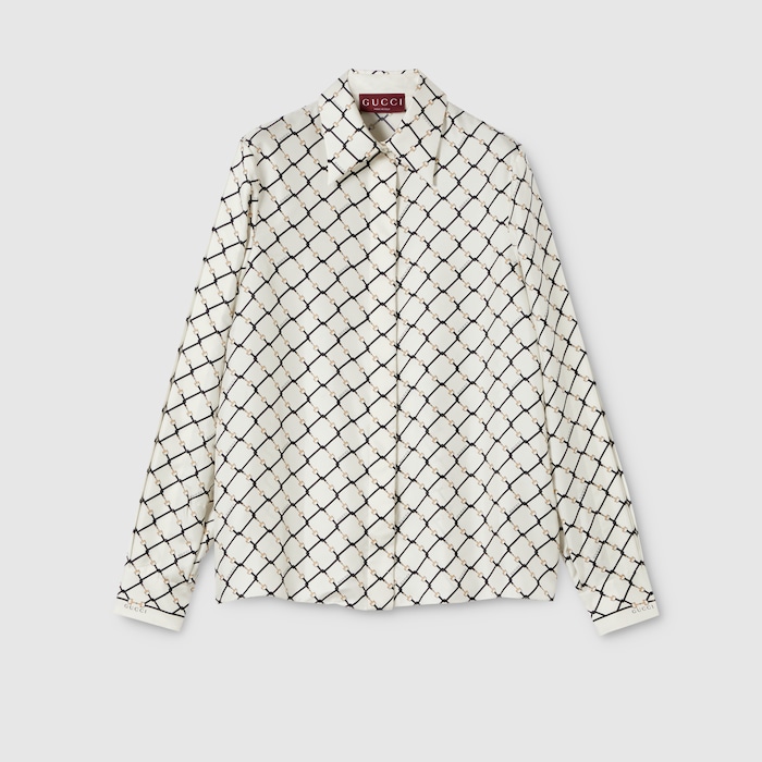 Printed silk twill shirt in white | GUCCI® RO Printed silk twill shirt in white | GUCCI® RO