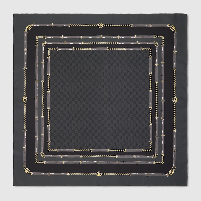 Printed GG silk jacquard carré in black | GUCCI® US