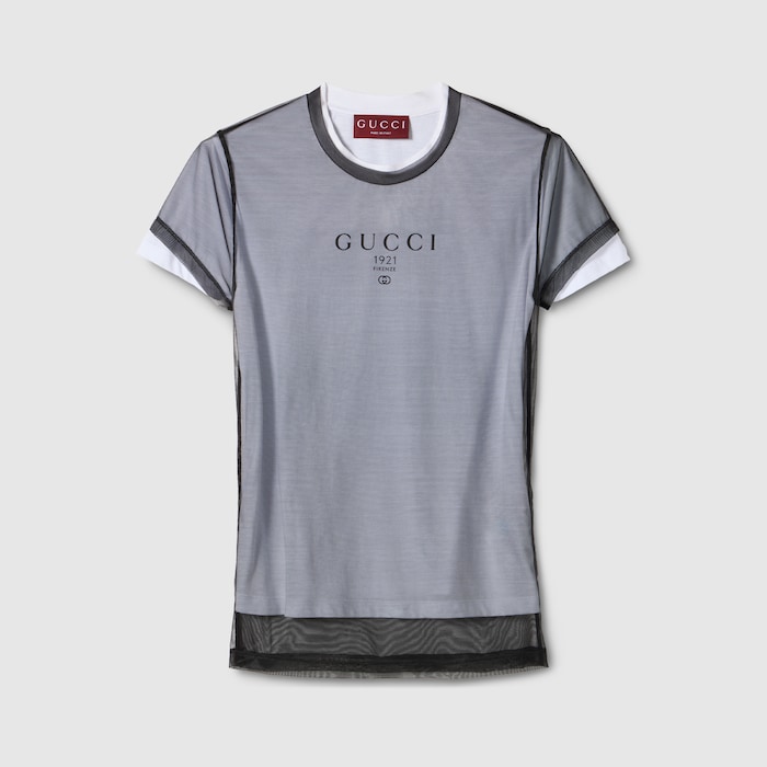 GUCCIのTシャツ、2枚で激安！ Double layered jersey T-shirt with print in white | GUCCI® US