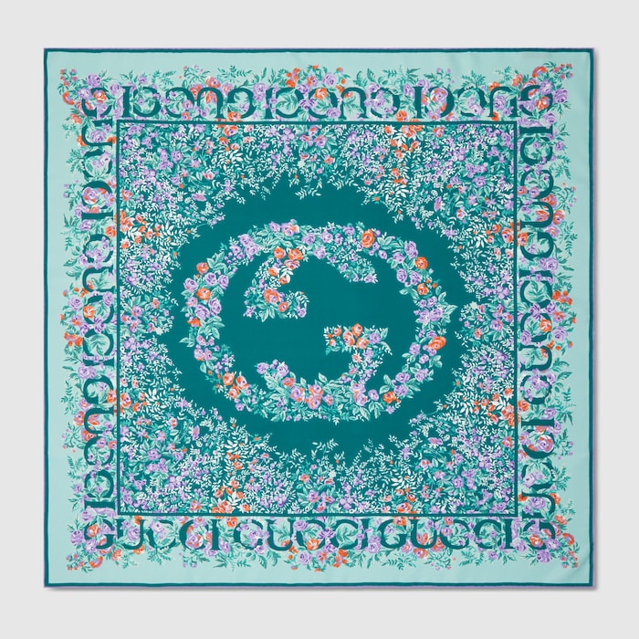 Printed silk twill carré in aquamarine and lilac | GUCCI® US