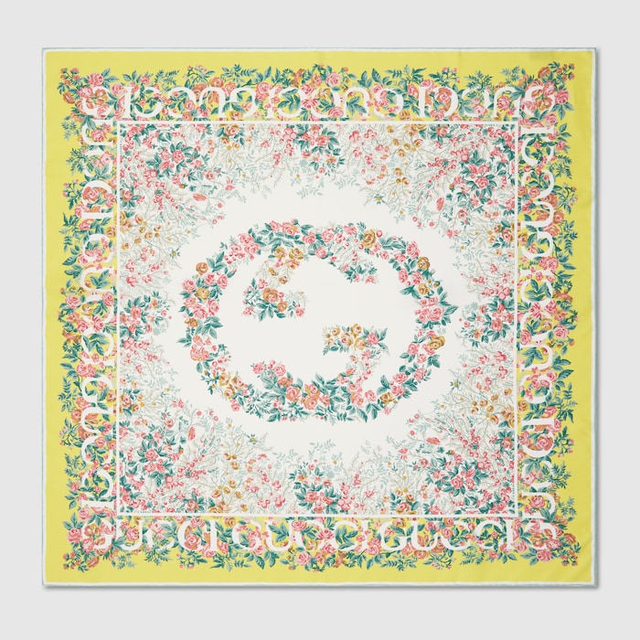 Printed silk twill carré in aquamarine and yellow | GUCCI® US