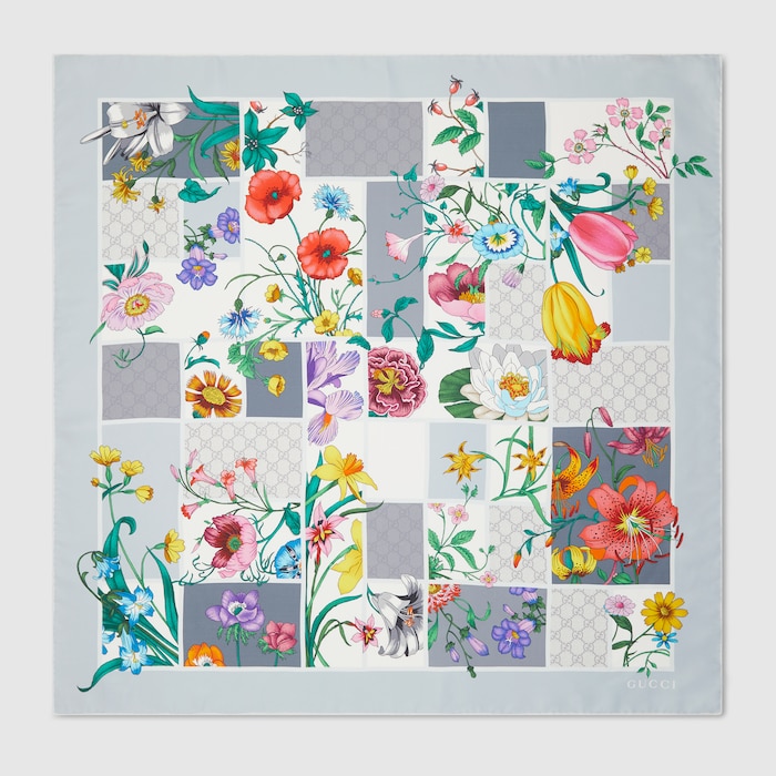 Printed silk twill carré in light grey and multicolor | GUCCI® US