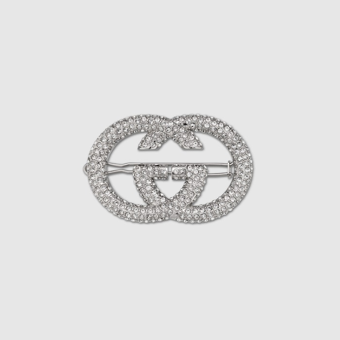 Interlocking G hair clip with crystals in palladium-toned | GUCCI® US