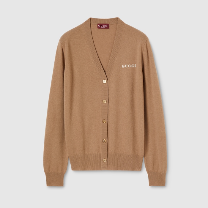 GUCCI キャメル・モヘヤ混 ニットカーディガン フリンジ ロゴプレート インターシャ カシミア カーディガン ・キャメル | GUCCI公式