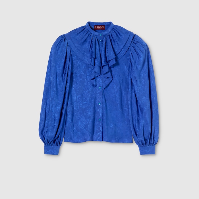 ラッフル トリム付き シルクツイル ジャカード シャツ ・ブルー